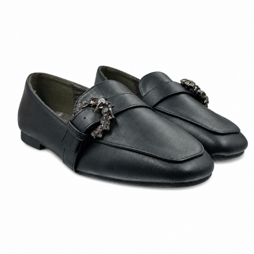 lamara paris square toe loafer with crystal buckle