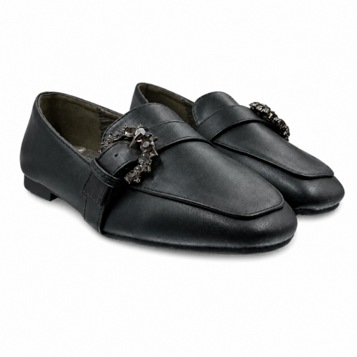 lamara paris square toe loafer with crystal buckle