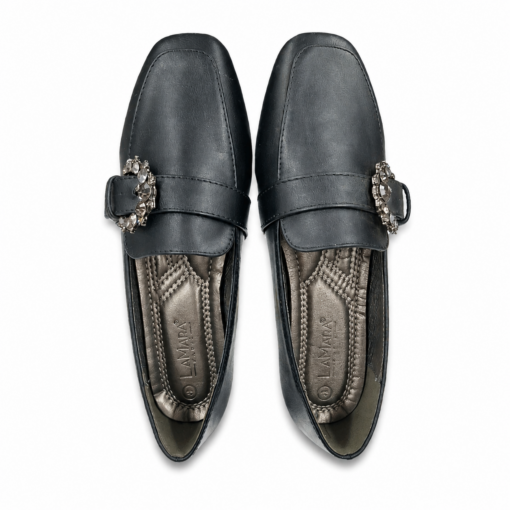 lamara paris square toe loafer with crystal buckle