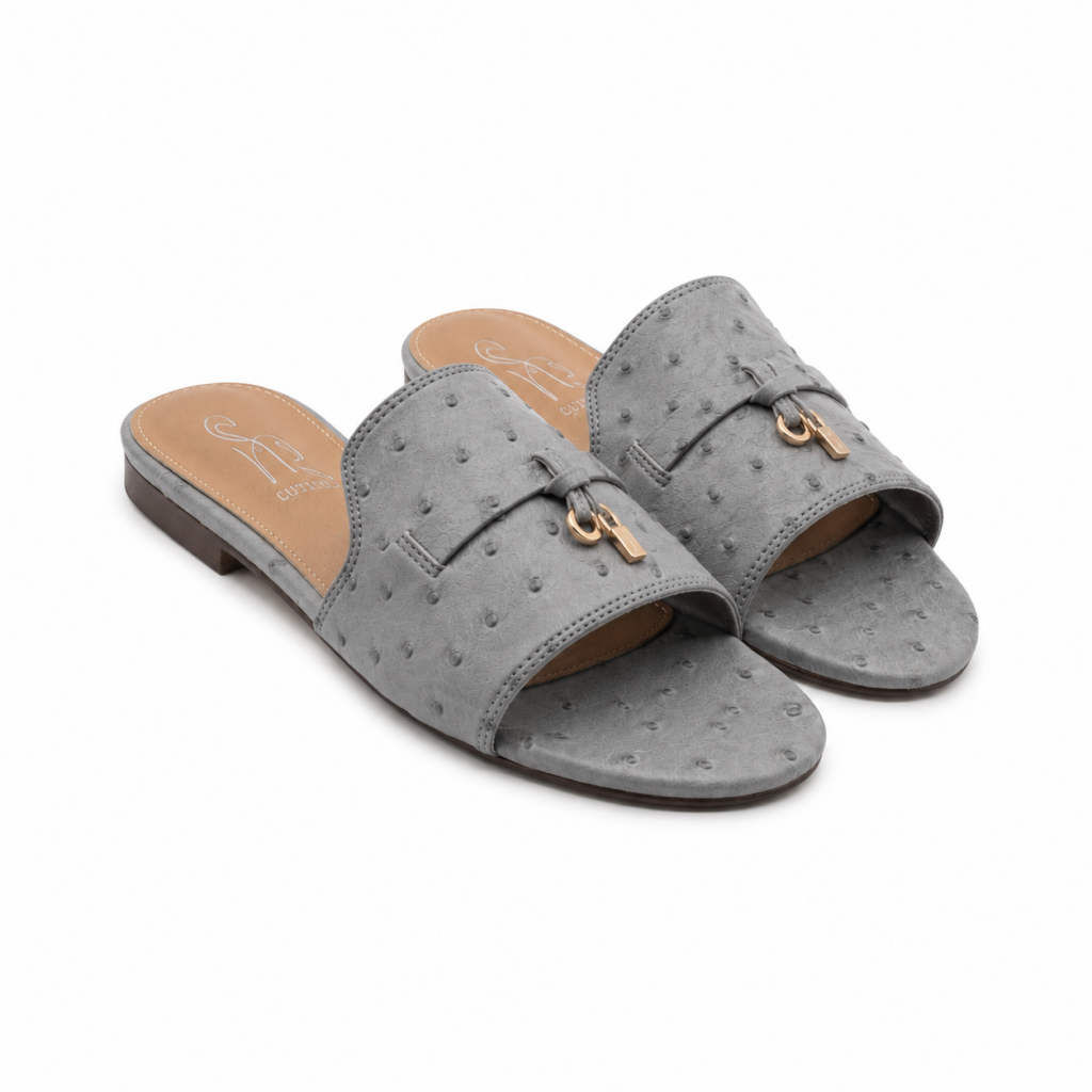 Sally B Ostrich Texture Slide Sandals with Gold Padlock Hardware