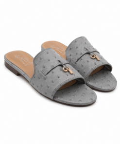 Sally B Ostrich Texture Slide Sandals with Gold Padlock Hardware